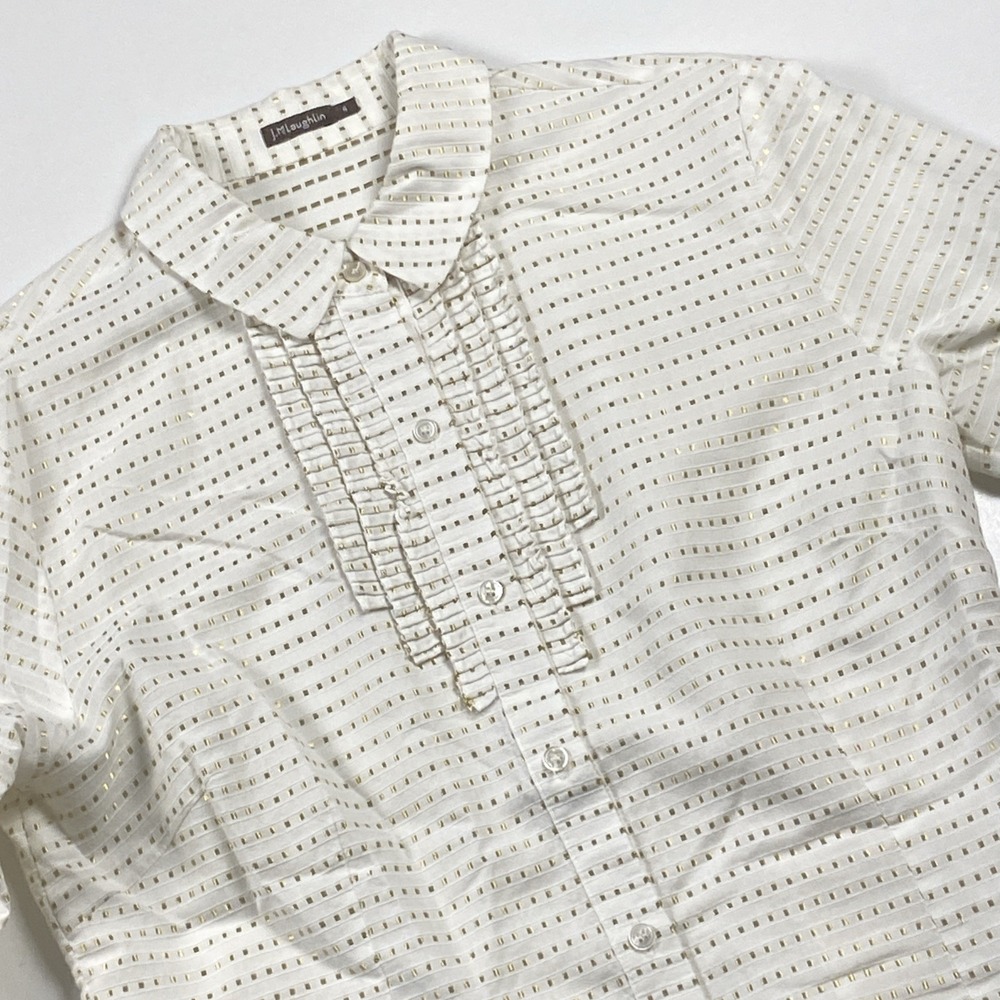 J McLaughlin Button Up Blouse Szβ 4 Ivory Gold Pleated Ruffle Polished Feminine
